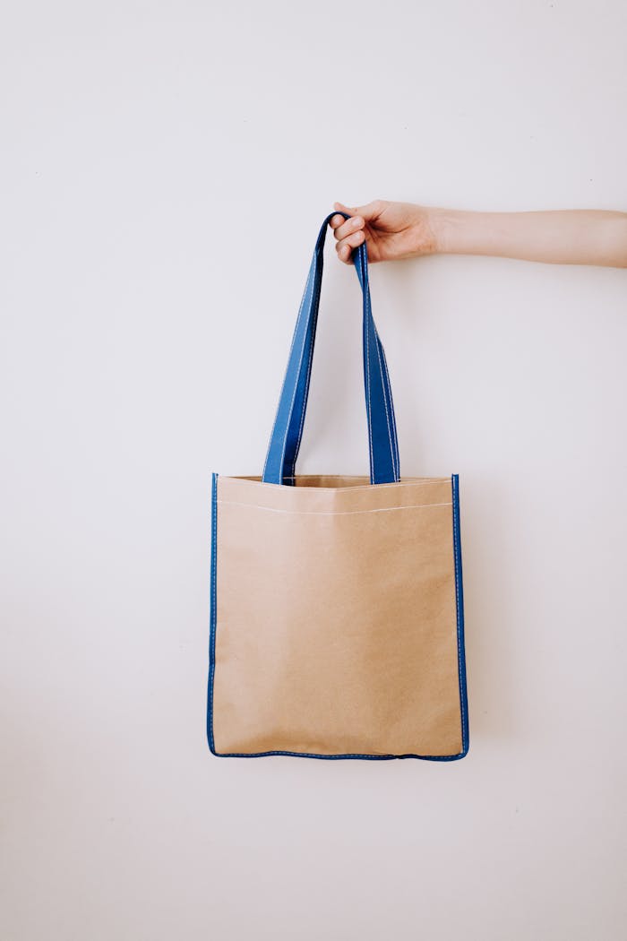 Hand holding a reusable bag with blue handles, showcasing eco-friendly living.